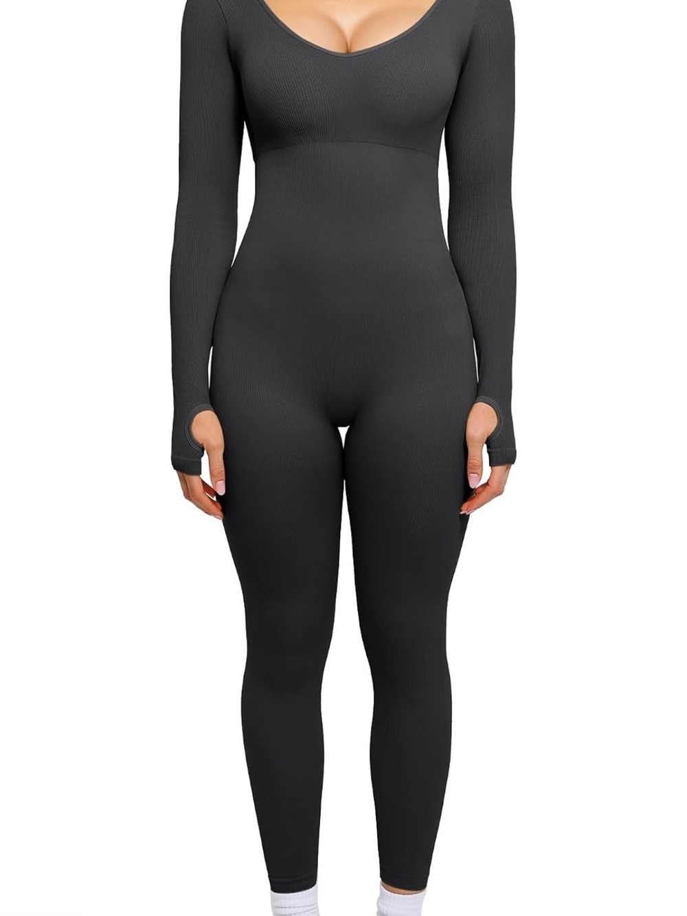 Popilush Long Sleeve Jumpsuit Built-in Bra Ribbed U Neck Tummy Control